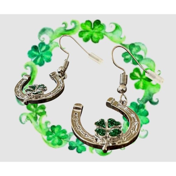 Horseshoe Clover Earrings St Patricks Day Lucky Irish Dangle Hooks New H… - Picture 4 of 9